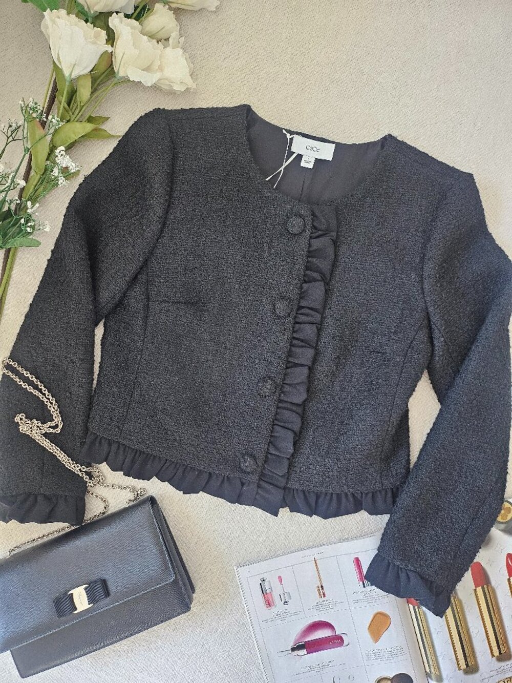 CeCe NWT Black Tweed Ruffle Trim Cropped Jacket Size 8